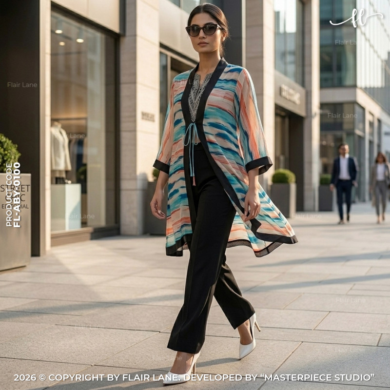 Semi-Long Printed Koti w/Long Slv