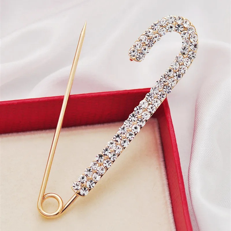 Silver Tone Rhinestone Safety Pin Silver Buckle Jewelry Large Brooch Luxurious Safety Clothing Pin for Scarf Women Shiny Fashion