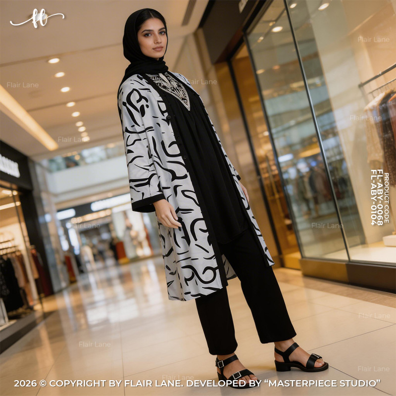 Semi-Long Printed 3 Button Cape with Long Sleeve