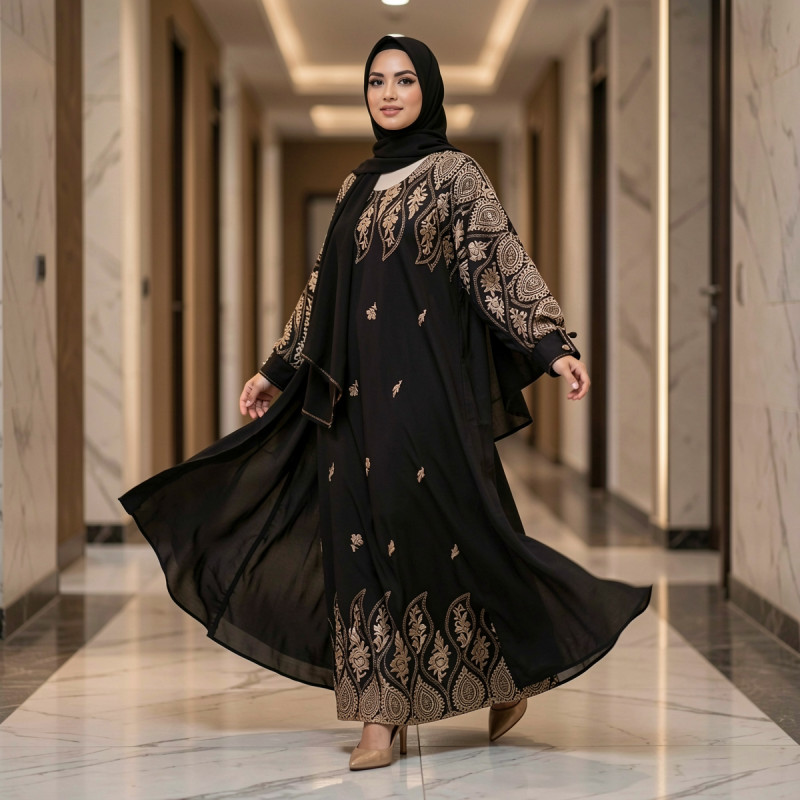 Kaftan Abaya with Two Button Cuffs & Matching Hijab