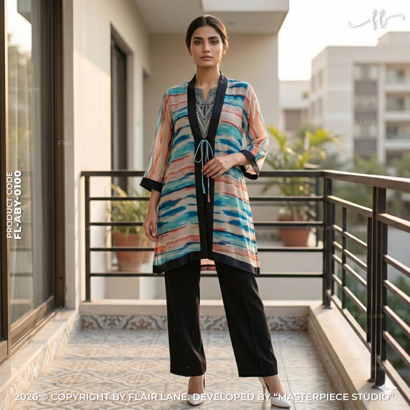 Semi-Long Printed Koti w/Long Slv