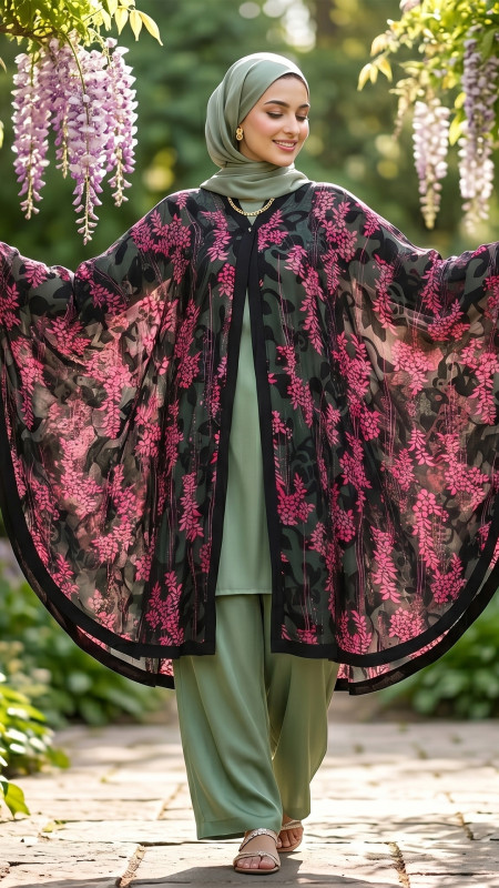Semi-Long Printed 1 Button Kaftan Cape