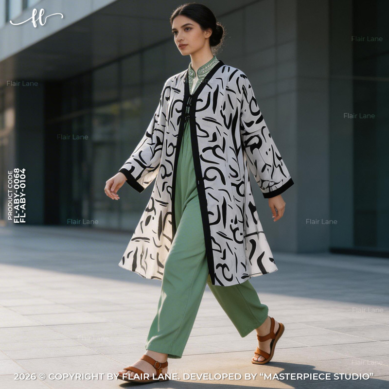 Semi-Long Printed 3 Button Cape with Long Sleeve